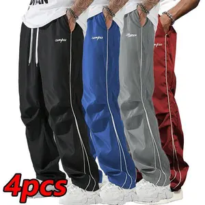 Men’s loose grey jogger pants with side stripes, featuring a comfortable design; suitable for sports and leisure; bottoms/pants; four-piece sportswear set; men’s pants — GARMENTARY