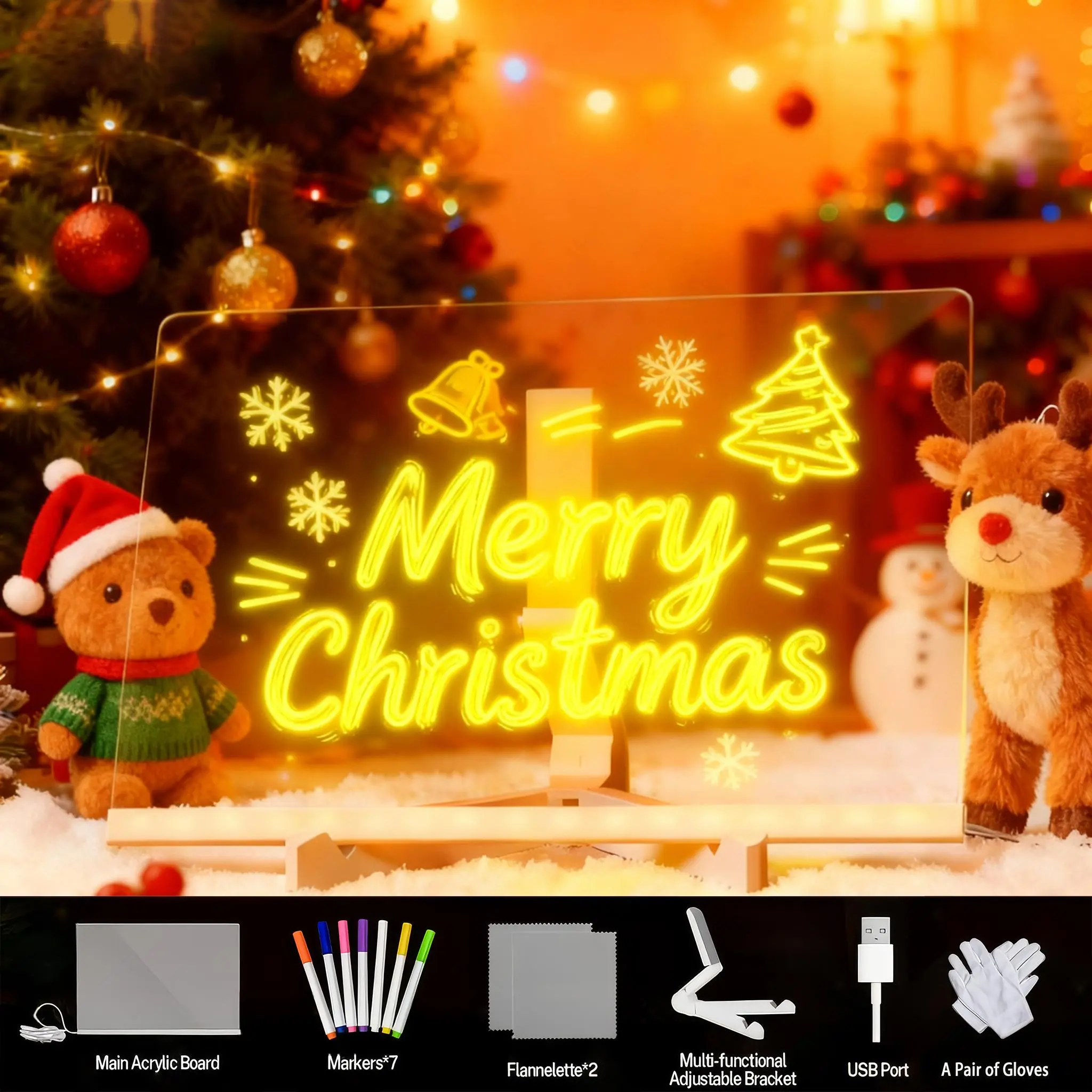 Snofrid LED Message Board Acrylic Dry Erase Light-Up Board with Stand Markers Cleaning Cloths Tracing Paper Erasable Reusable Kids Learning Gift for Birthday Halloween Christmas Decorative Neon Sign