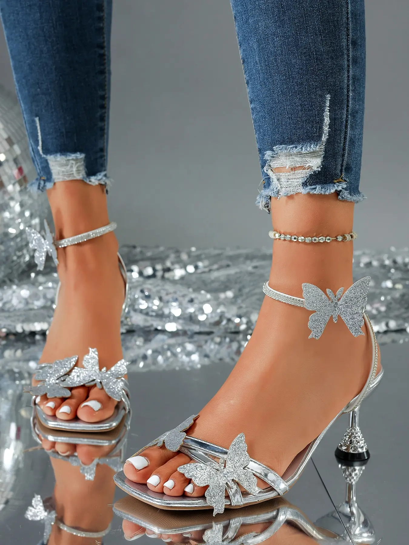 Sparkling Rhinestone Butterfly Sandals, Pointed Toe Low Heel Design, Adjustable Ankle Strap, Elegant Party Shoes for Summer Dates, Glitter Sandal, Glitter Decorated Sandals