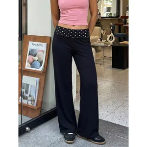 Women’s Fold Over Yoga Pants Low Waist Contrast Color Wide Leg Flare Pants Sweatpants