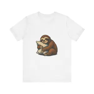 Women's sleepy sloth Graphic T-Shirt - Short Sleeve Crew Neck Regular Fit Casual Wear | Soft & Breathable Fabric, Durable Print, Everyday Comfort, Machine Washable, retro 90s cartoon illustration a cute sloth hugging a pillow, suggesting relaxation and
