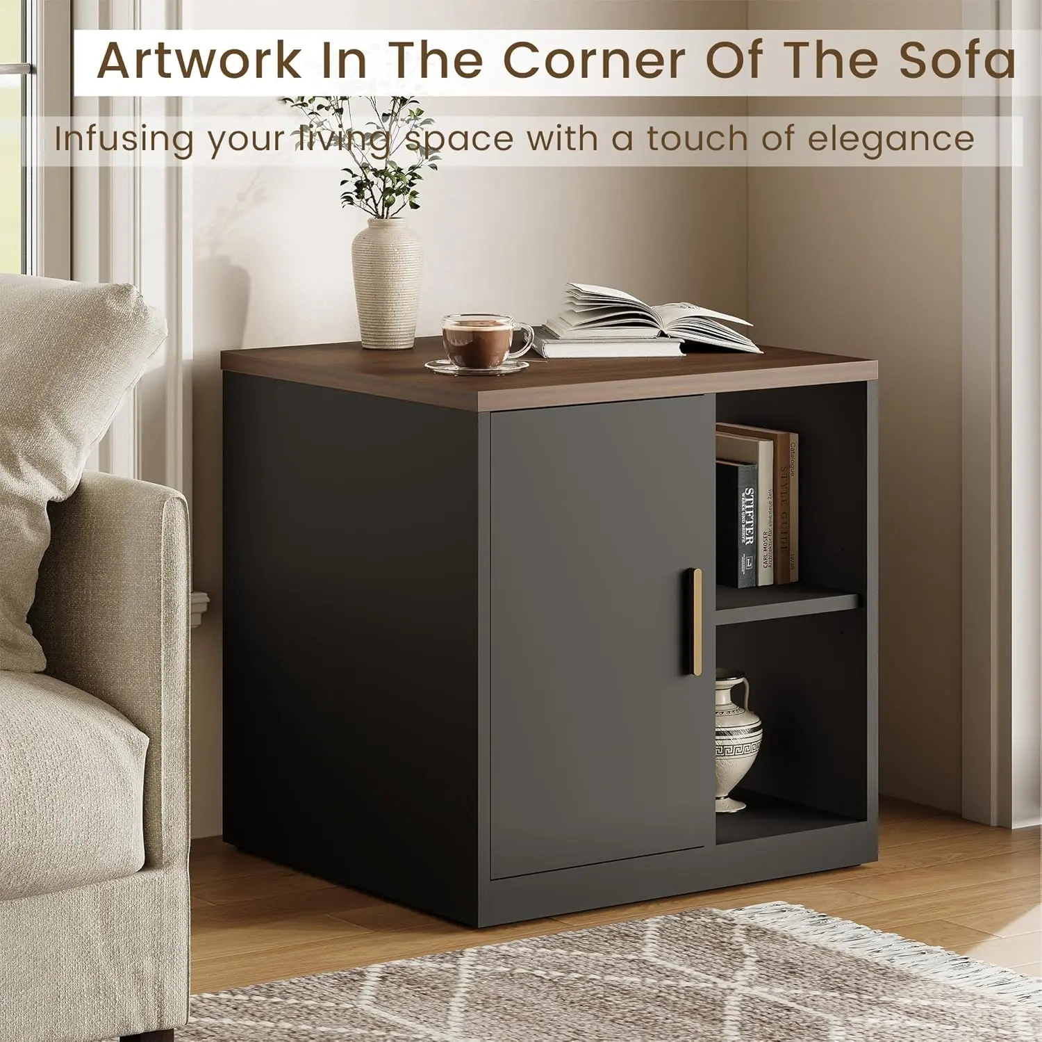 23" Tall Exquisite Modern Durable Alloy Steel Under Office Desk Filing Cabinet - Black Walnut Industrial Dual-Zone Design, Door, Adjustable Open Shelves, Printer Stand, Rounded Edges, Pressure Resistance, Space-Saving Piece for Office, Home
