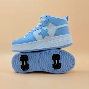 Boys Girls Color Block Star Decor Hidden Wheel Skate Sneakers, Convertible 4 Wheels Roller Skating Shoes, High Top Platform Casual Walking Skateboard Trainers Hidden wheel skate shoes, kids roller sneakers, convertible wheeled shoes