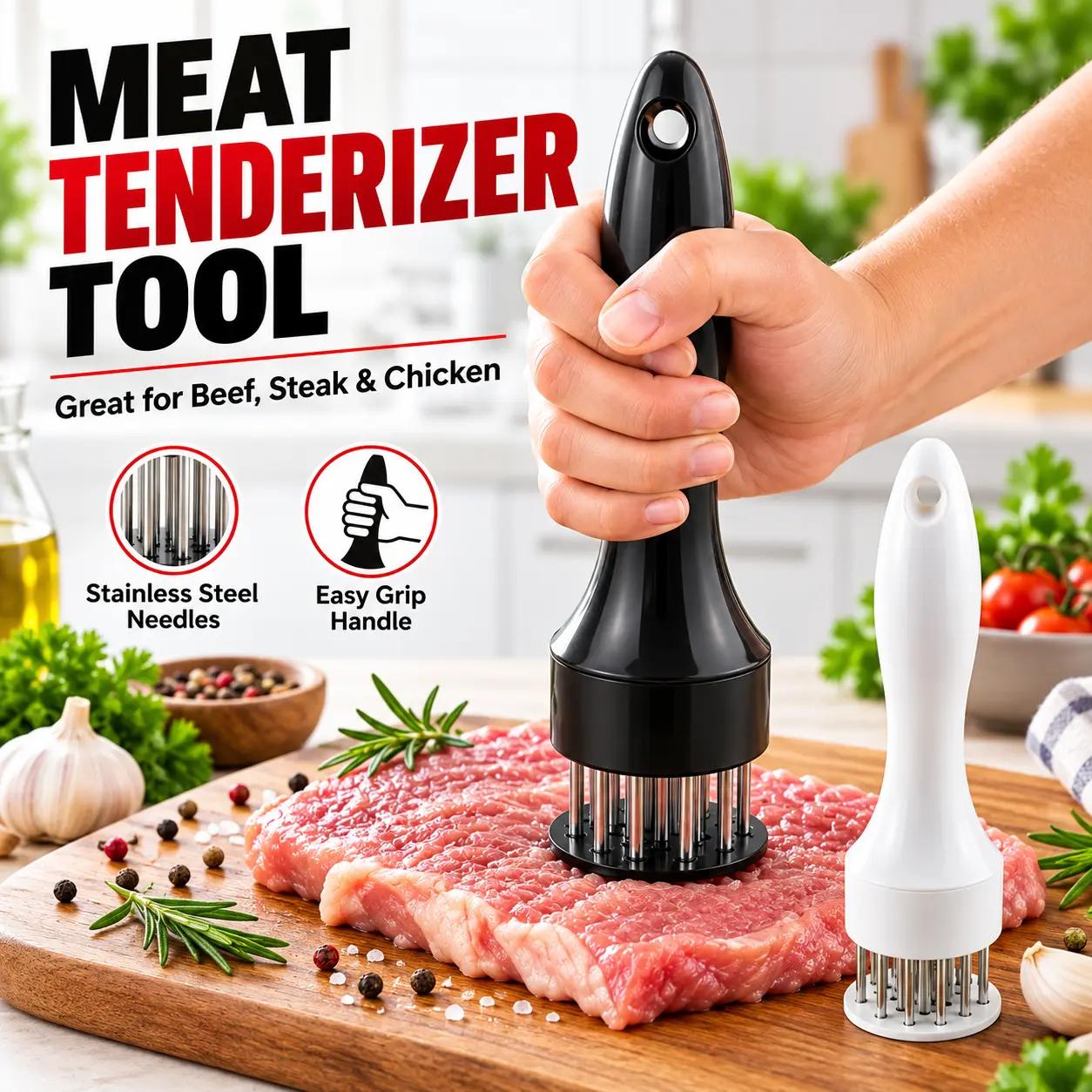 16/21-Needle Meat Tenderizer Tool with Stainless Steel Needles, Handheld Steak Tenderizer for Beef, Chicken & Pork, Marinade Prep Kitchen Tool with Comfortable Grip Handle, Black/White