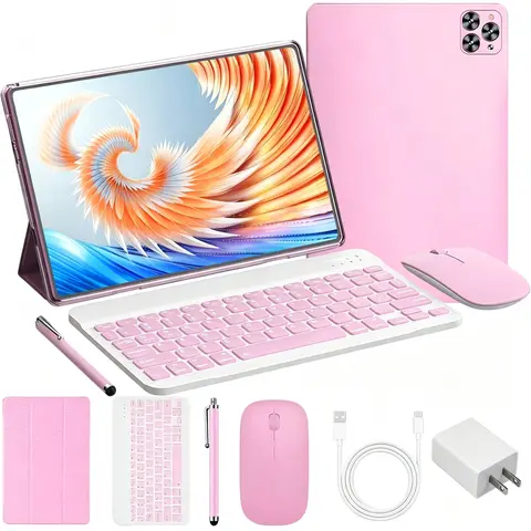 【TechVibes】10.1" Android 15 Tablet with Keyboard, Stylus, Mouse, Case, Screen Protection - 4GB RAM, 64GB ROM, SD Card Expandable, Dual SIM, 1280x800 IPS Screen, 13MP+5MP Cameras, 5000mAh Fast Charging Battery, Sharp Picture, Valentine’s Day Gift, Wirel