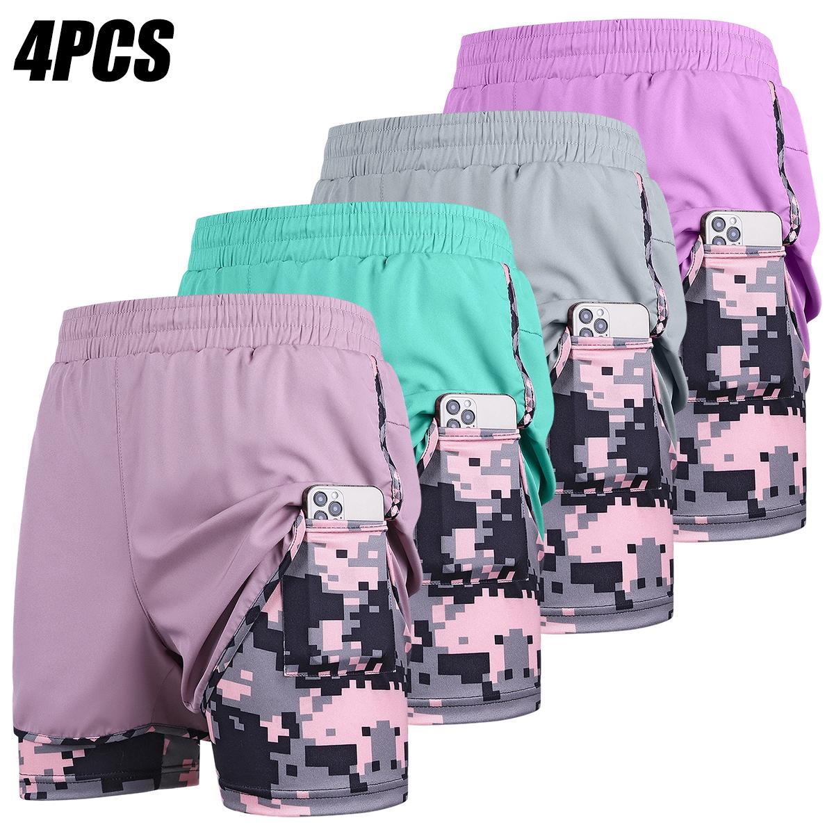Women's Fashion Polyester Quick-Dry Breathable High-Stretch Tie Drawstring Athletic Shorts, Double-Layer Camouflage Lining, Anti-Exposure Design, Loose Fit for Fitness, Running