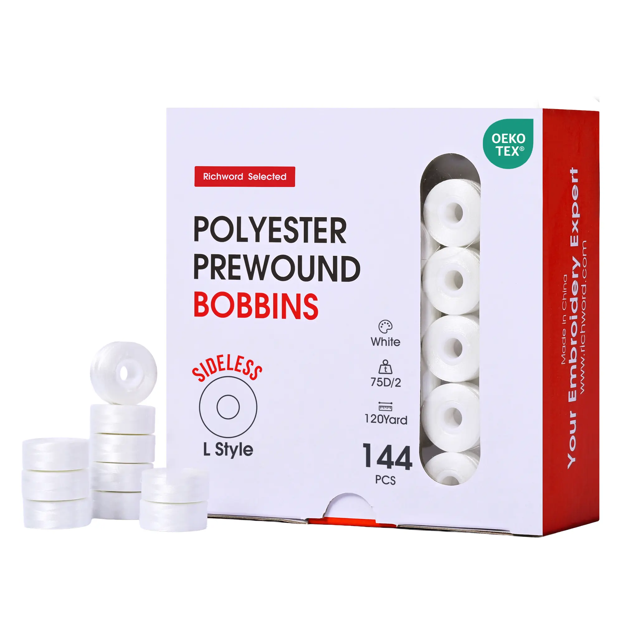 PooLin Richword Style L Prewound Sideless Embroidery Bobbins, Polyester Yarn Bobbins, Sewing Accessories for Commercial Embroidery Machines
