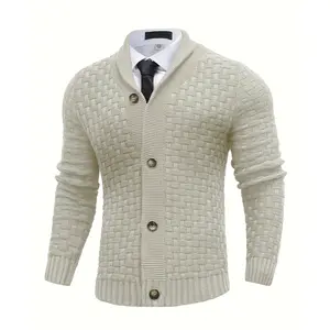Men's Warm Textured Button-Down Sweater with Shawl Collar Knit Cardigan for Spring and Autumn