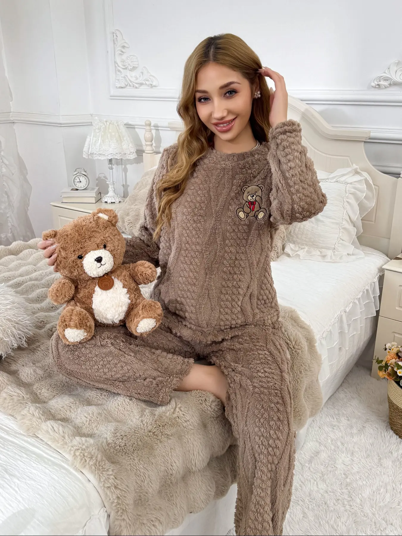 Women's Brown Cable Knit Fleece Pajama Set with Bear Embroidery | Super Soft Sleepwear Top + Pants | Warm Loungewear for Winter #TikTokStyle #PajamaVibes