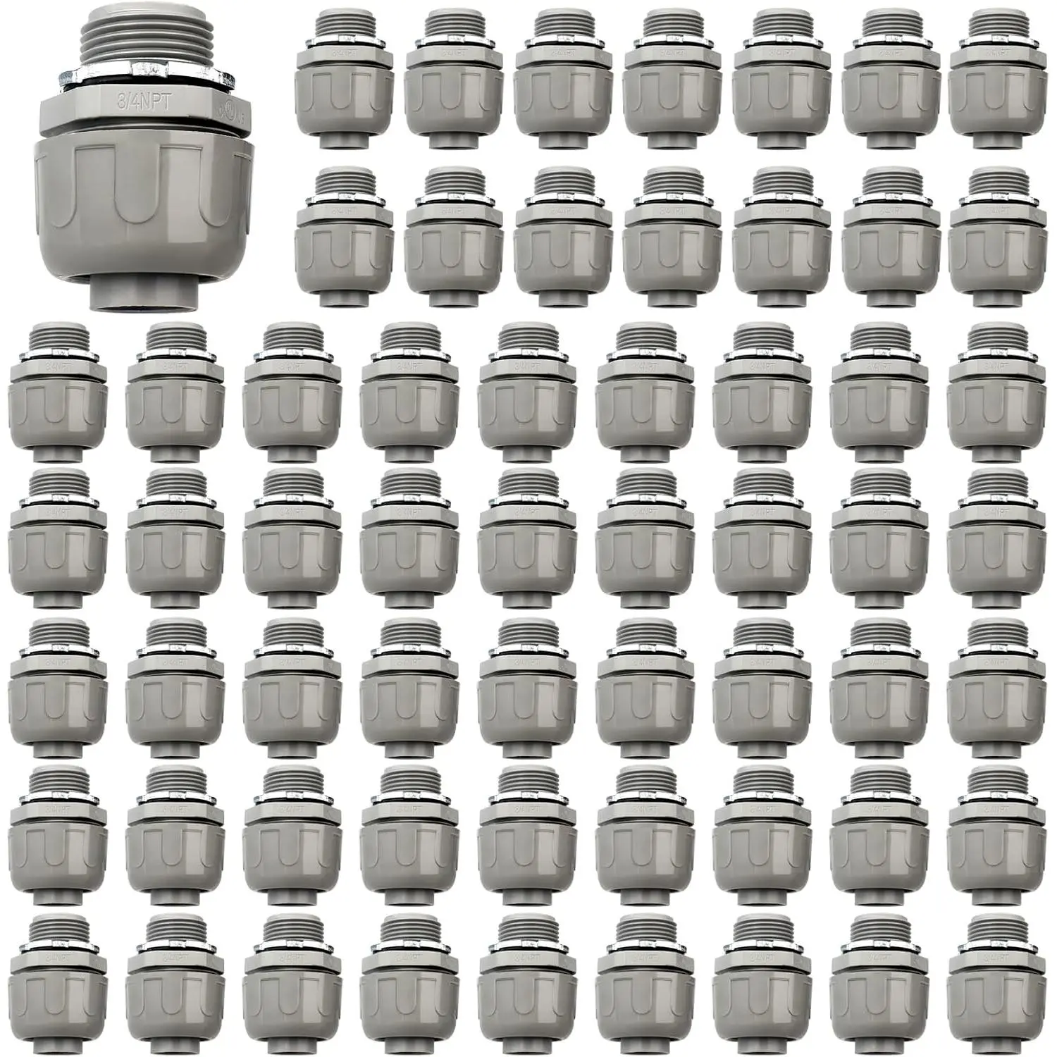 Conduit Connectors, 3/4 Inch Liquid Tight Connector NPT Non-Metallic for PVC Electrical Flexible Conduit Fittings, 180  Straight, UL Listed for  Outdoor Tubes Tools, Grey (60-Pack)