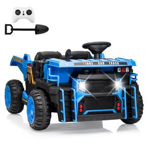 24V Kids Ride On Dump Truck with R/C,2 Seater Electric Car - 2WD/4WD Powerful Motors,4.4 Mph,Electric Dump Bed & Shovel,EVA Tires,Music Player,Soft Start,19" Spacious Seat (Blue)