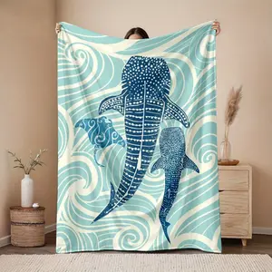 1 Piece Whale Shark Wave Pattern Flannel Blanket Set, Bedroom Decoration and Accessories, Holiday Gift Suitable for Sofa, Bed, Car, Camping,Sealife Blanket,Couch Cozy,Machine Washable Blanket