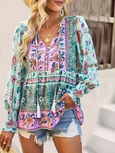 Fashion Boho Bohemian Floral Print Long-Sleeve Blouse with Tassel Tie, Curve Plus Size Loose Casual Tops Y2K Clothes Summer Vacation Outfits Trendy Street Style Daily Date Wear Cute Beach Wear, Womenswear