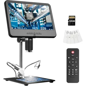 AD210 10.1 Inch LCD Digital Microscope for Adults, Soldering Microscope for Electronics Repair,  Microscope Camera Full View for Error  with Light, Biological Slides Kit, 32G Card