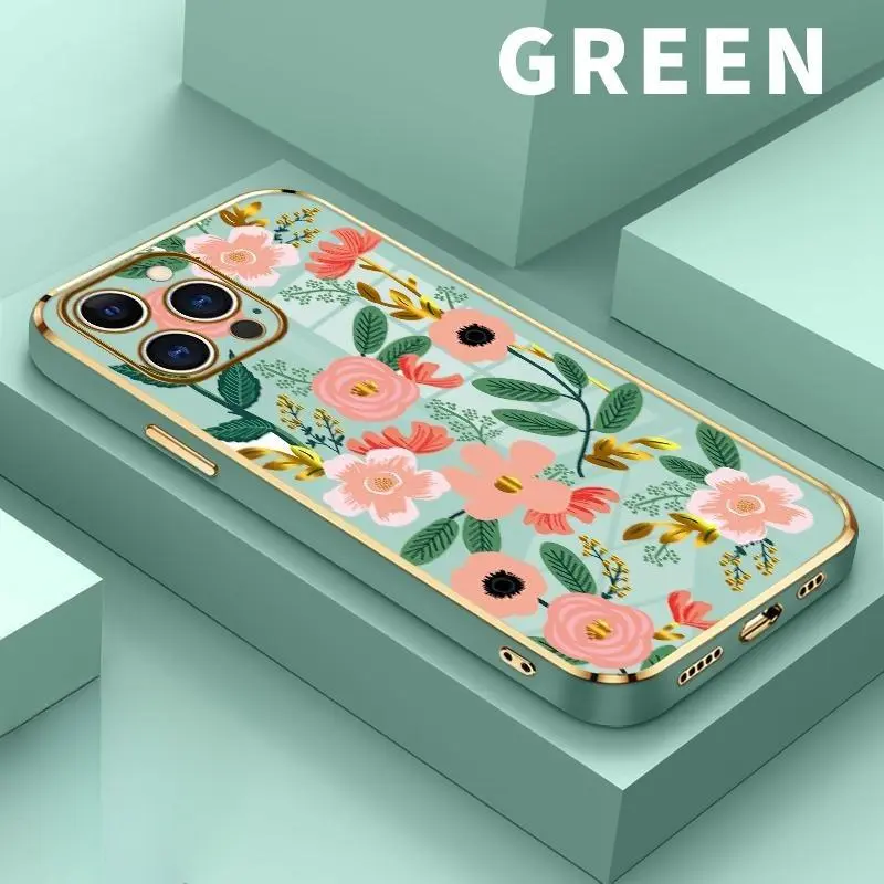 Stylish Floral Charm Mobile Phone Case with Luxury Golden Edge Electroplated TPU & Camera Lens Protection, Compatible with iPhone 11-17, 12-16, 13, 14 Plus, 15 Pro Max, 16 Air - Smartphone Handheld Cellphone Devices Casing Gift, Accessories
