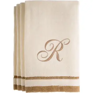 11 x 18 Inches Fingertip Towels Set of 4, Decorative Golden Brown Embroidered Extra Absorbent 100% Cotton Towel, Personalized Monogrammed Gift for Bathroom Kitchen, Initial R (Ivory)