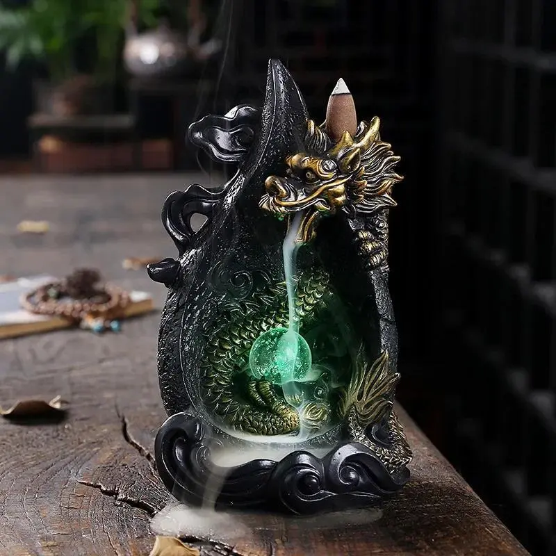 Dragon Design Backflow Incense Holder, LED Light Incense Burner with 20pcs Incense Cones, Home Decor Ornament for Living Room Bedroom Office, Freshener, Fragrance, Aroma, Scent