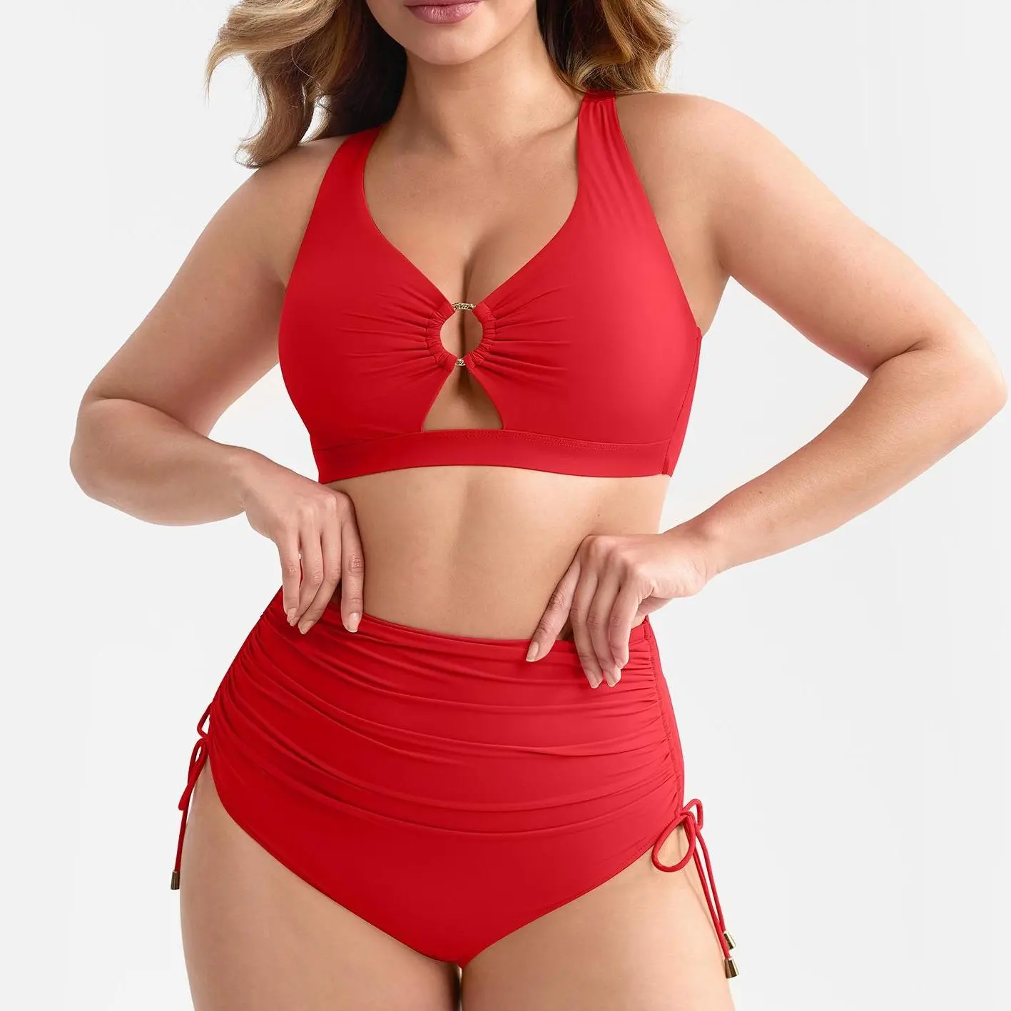 FeelinGirl High Waisted Bikini Sets for Women Tummy Control Swimsuit for Women with Drawstring Deep V Neck Design