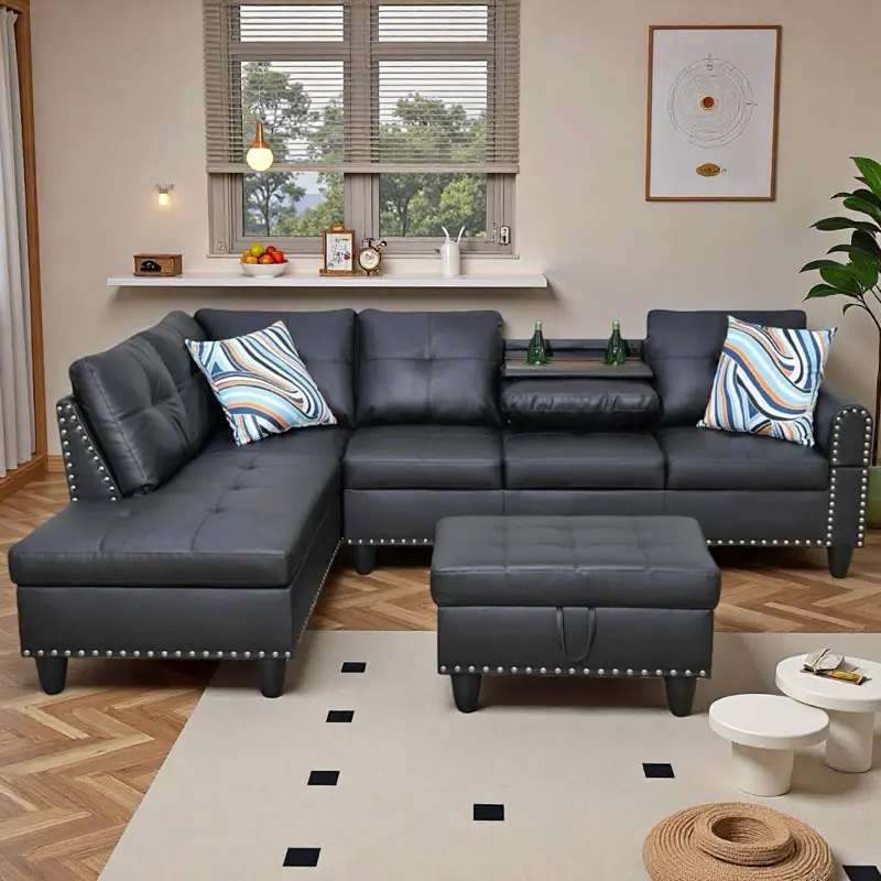 97" Leather 4-Seat L-Shaped Sectional Sofa with Cup Holders, Movable Chaise, and Storage