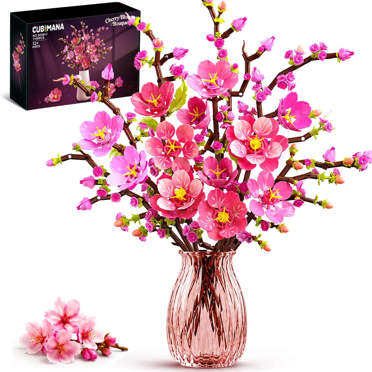 CUBIMANA Flowers Bouquet Cherry Blossom Building Set with LED Lights, 10 Pink Flower Botanicals Collection Building Blocks, Cherry Plant Home Decor 1108PCS, Surprise Birthday Gift for Adults Girls 12+