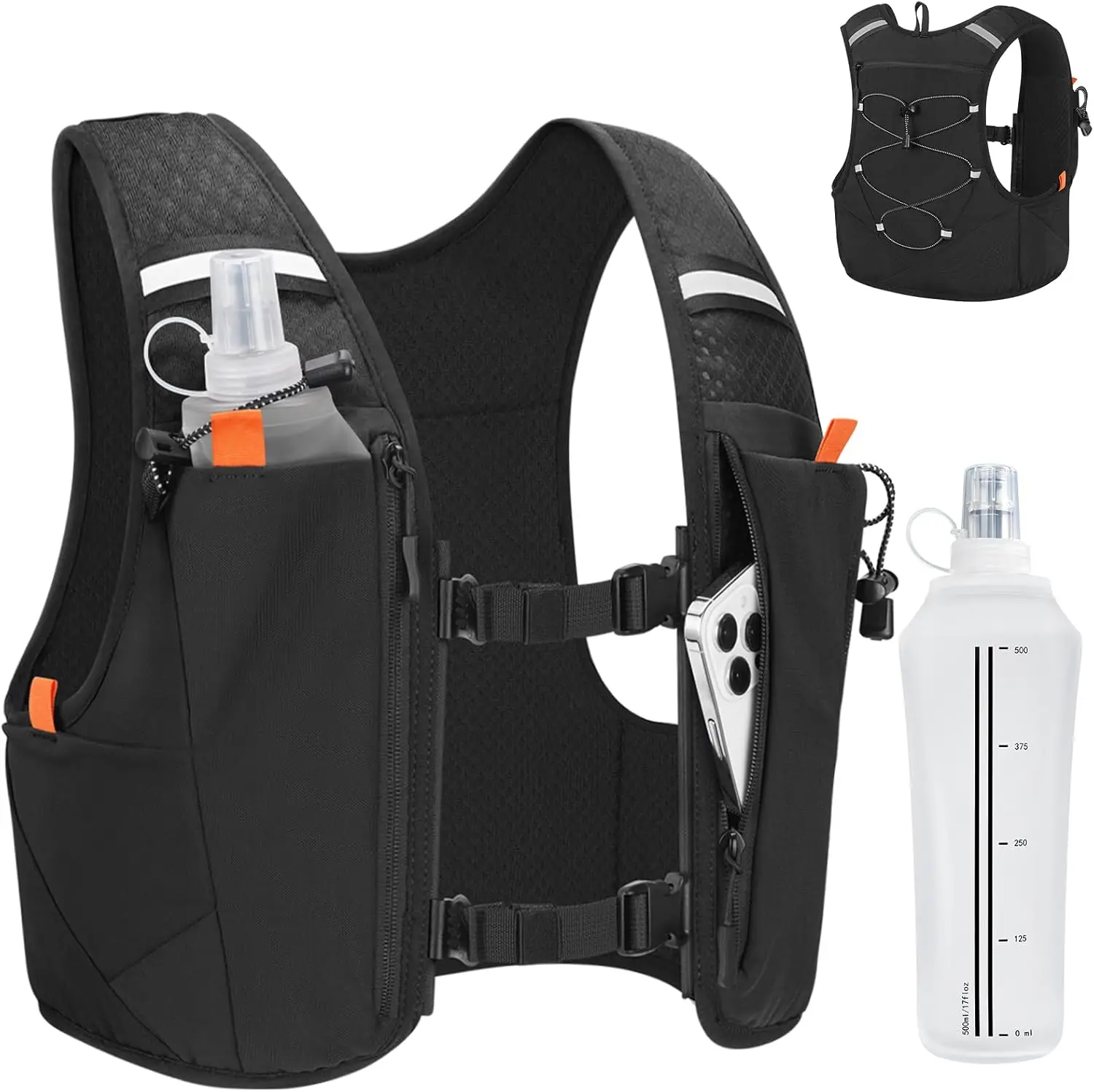 Running Hydration Vest with 2x500ml Soft Flasks | Phone Holder Reflective Hydration Backpack for Running Hiking Cycling