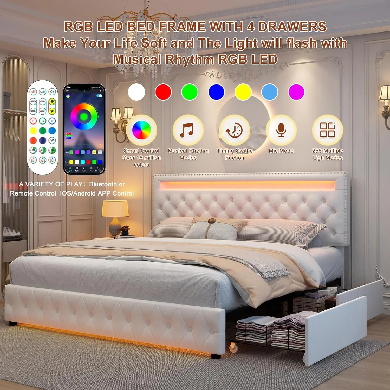 [Summerwins] [SummerFinds] GEGOFORU Queen LED Platform Bed with Storage, Platform Bedframe with 4 Drawers, Smart RGB LED Lights, Music Sync & App Control, Luxury Velvet Upholstered Headboard, Modern Bedroom Upgrade, No Box Spring Needed