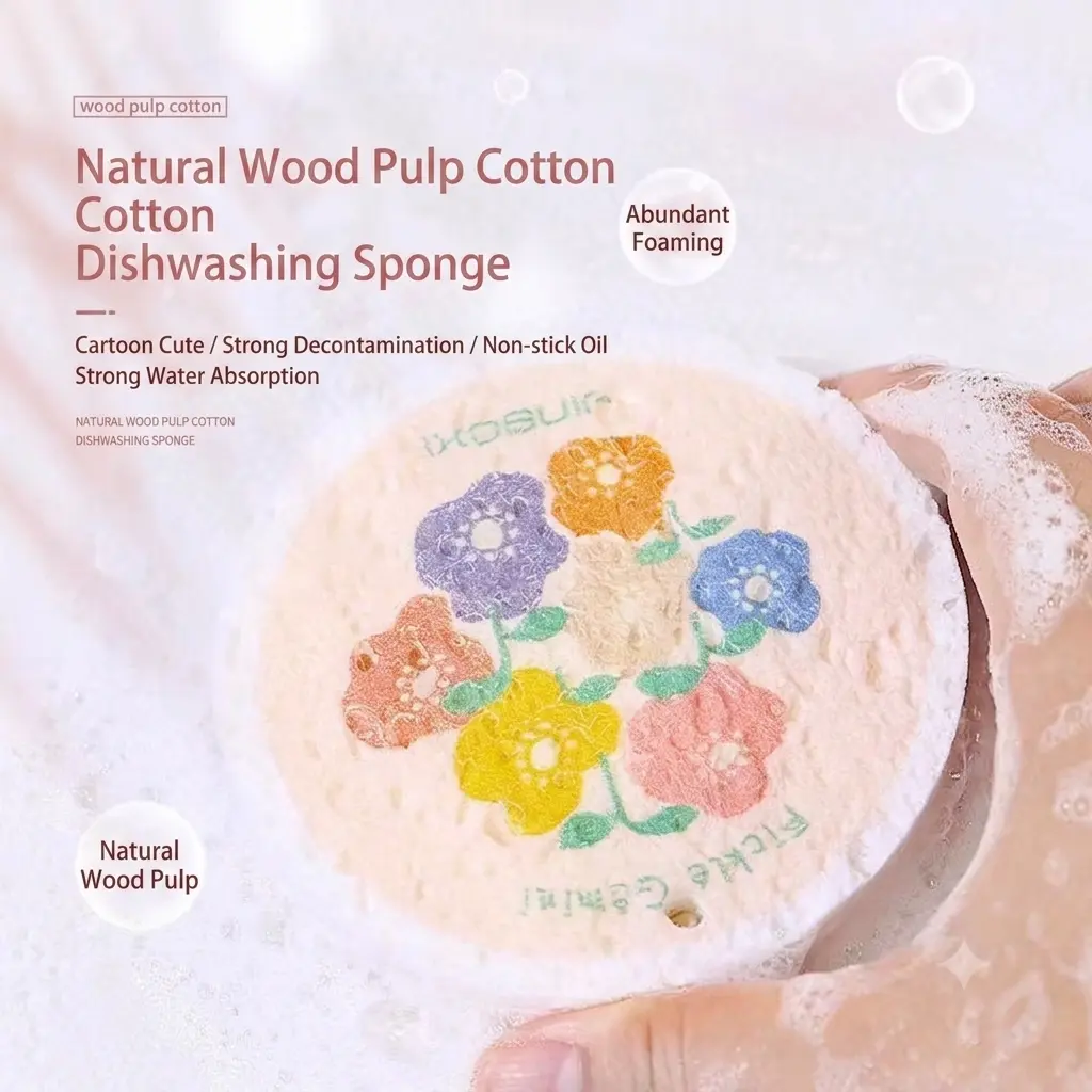 2026 New Eco-Friendly Wood-Based Cellulose Sponges - Thick, Soft, Non-Scratch Scrubber Pads, Absorbent, Expandable Compressed, Floral Pattern Round for Kitchen Cookware & Bathroom Home Cleaning Supplies, Flowers