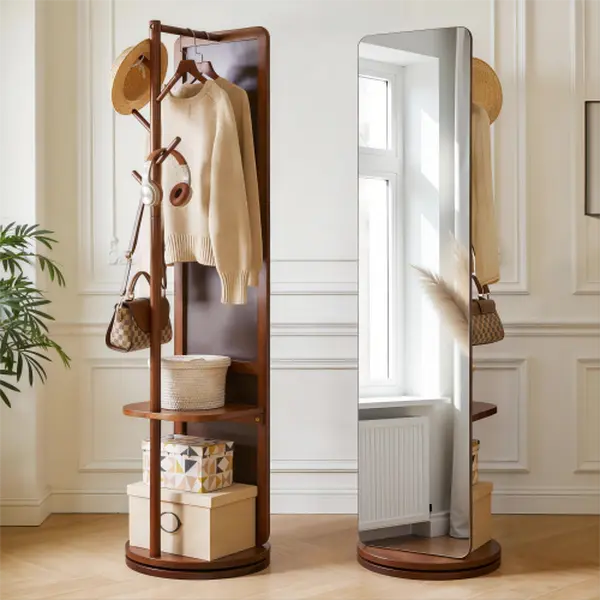 Bellemave Freestanding Solid Wood 360-Degree Rotating Full-Length Mirror with Clothes Rack and Storage Shelves for Bedroom, Living Room Decor Hanging