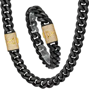 New black Cuban encrypted chain stainless steel men's necklace with 26 English letters flip-top diamond clasp.
