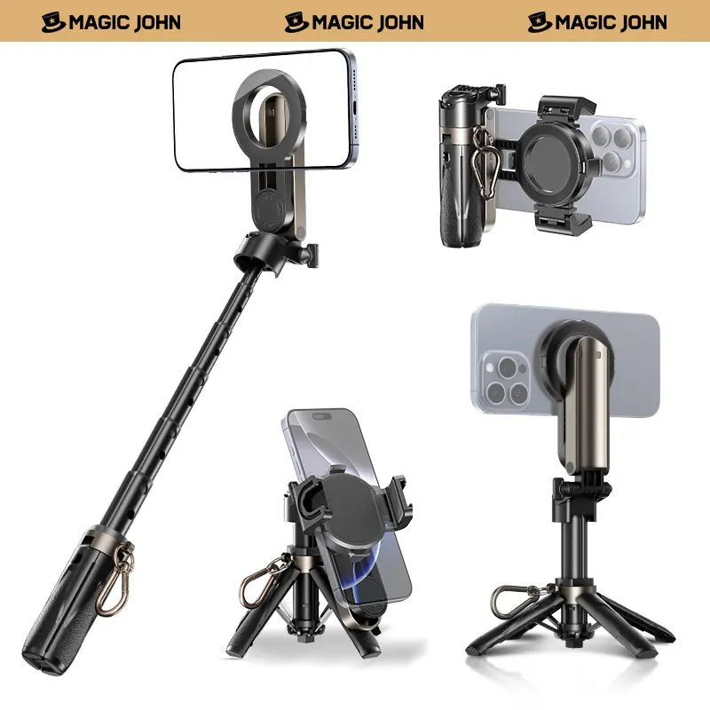 MAGIC JOHN 4-in-1 Multifunctional Magnetic Selfie Stick - 360° Rotation, Compact Stylish Design, Wireless Bluetooth Remote Control, Magnetic Mobile Phone Mount for Selfies/Vlogging, Compatible with Most Smartphone/Cellphone Models, Handheld