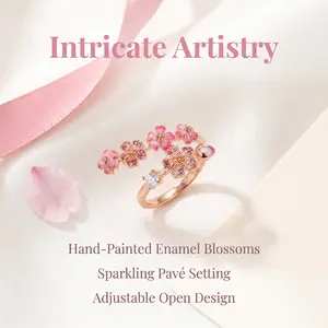 Adjustable Peach Blossom Ring Women Pink Flower Dainty Rose Gold Style Floral Jewelry Gift Cute Everyday Open Ring for Her Girlfriend Wife Daughter Elegant Minimalist Fashion Washable Fade-Resistant