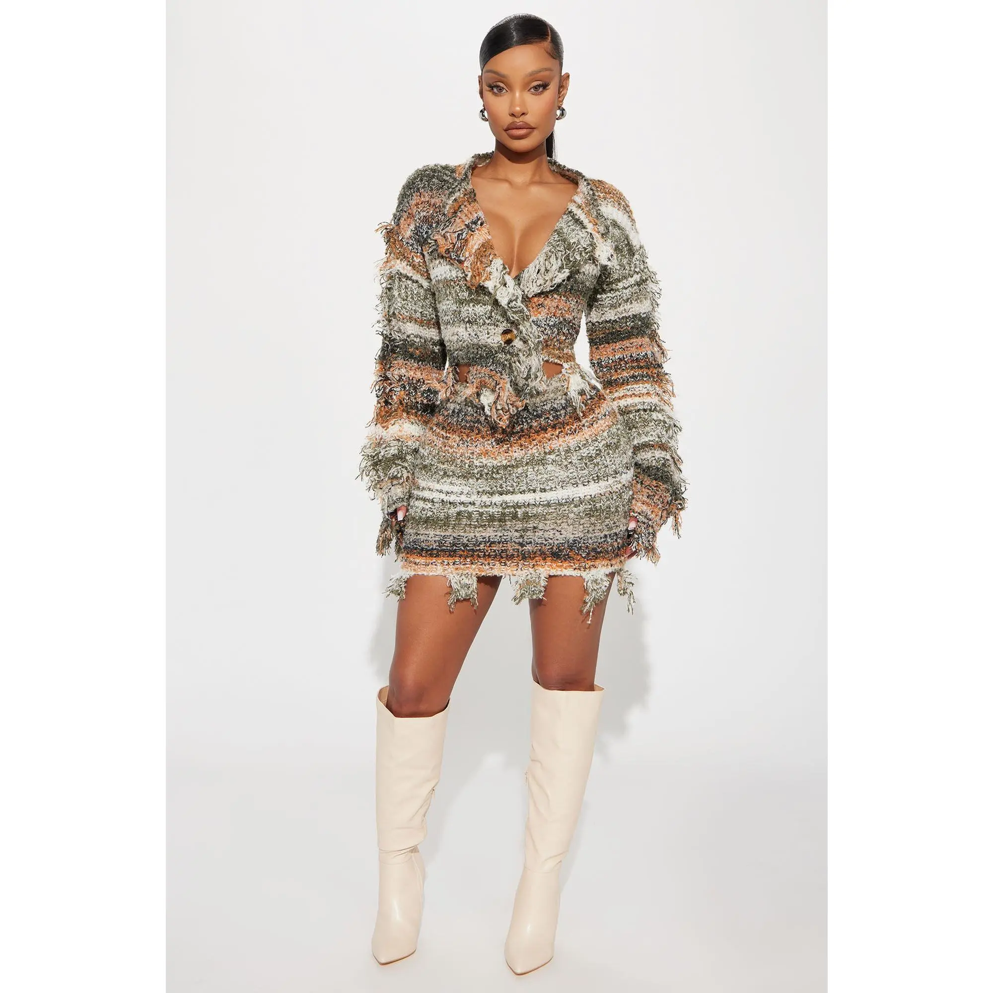 Winter Feels Striped Sweater Skirt Set - Orange/combo Winter Feels Striped Sweater Skirt Set - Orange/combo
