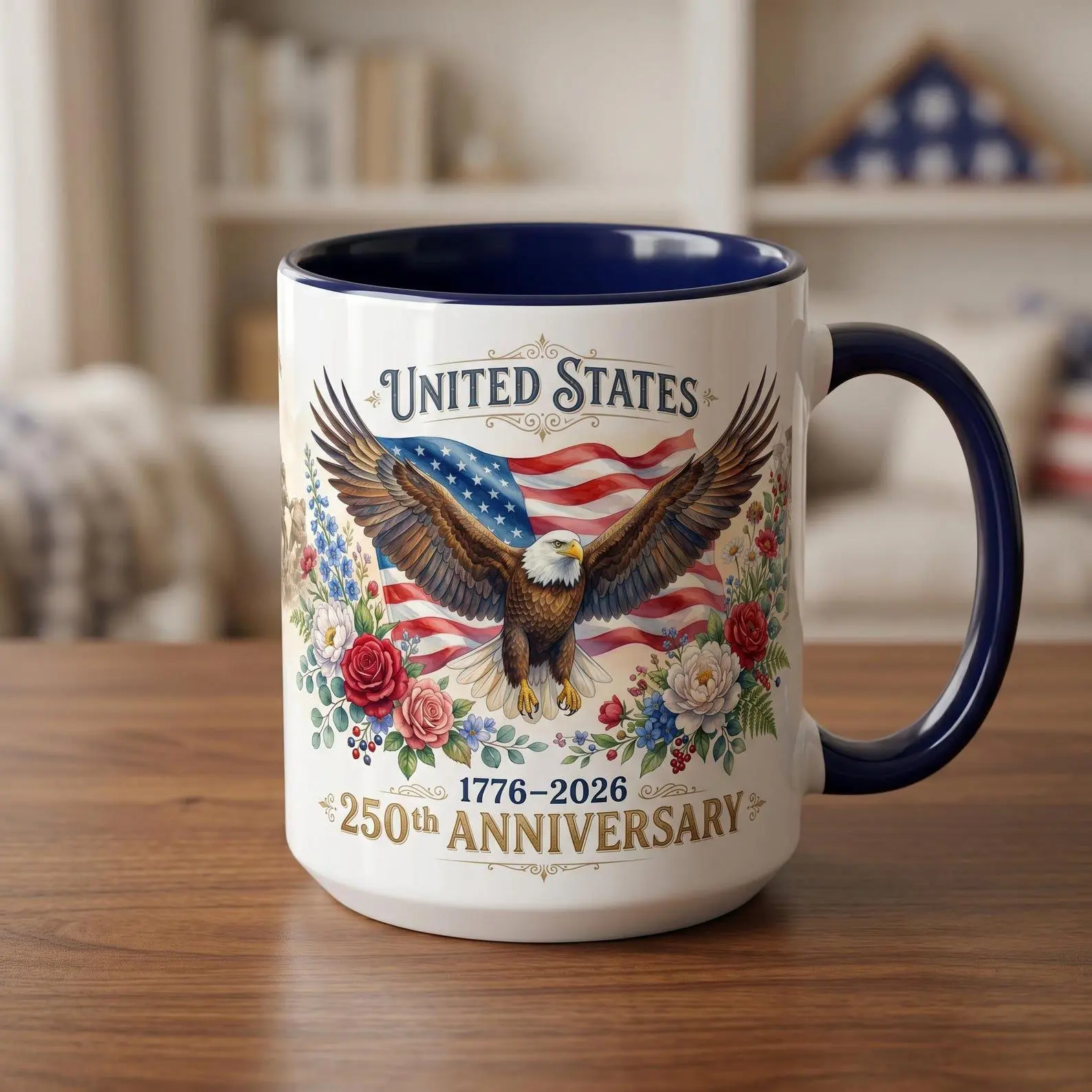 USA 250th Anniversary Ceramic Beverage Mug, Patriotic Bald Eagle 1776-2026 Drink Cup, Father’s Day Gift for Proud Americans (Semiquincentennial Themed Kitchenware)