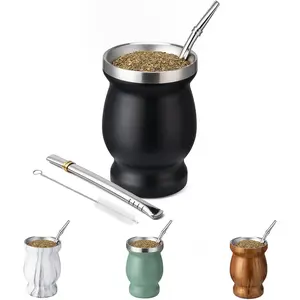 Yerba Mate Cup, 304 Stainless Steel Mate Cup, Heat Insulation Yerba Mate Gourd, Cup Set Includes Cleaning Brush & 2 Bombillas (Black)