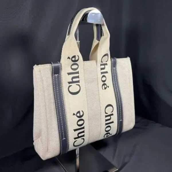 Pre-owned Chloé Fabric Mini Bags Off White Linen Logo Strap Mini Handheld Tote Bag J8071017