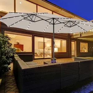 Costway 15FT Twin Patio Double-Sided Umbrella 48 Solar LED Lights Crank Outdoor for Garden Pool Deck