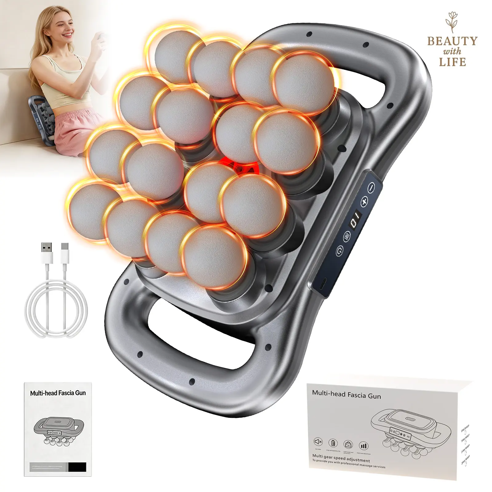 16-Head Durable Massage Gun - Portable Massagers for Deep Tissue Pain Relief, Back & Leg Pain Relief, 9 Modes, 9 Intensity Levels,   Battery Powered ,Circulation & Rehab Therapy Tool, Quiet Gym Home Use Gift for Men & Women