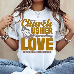 Church Usher Spreading Love Through Acts Of Service Print T Shirt White Casual Loose Fit For Everyday Wear And Leisure Activities