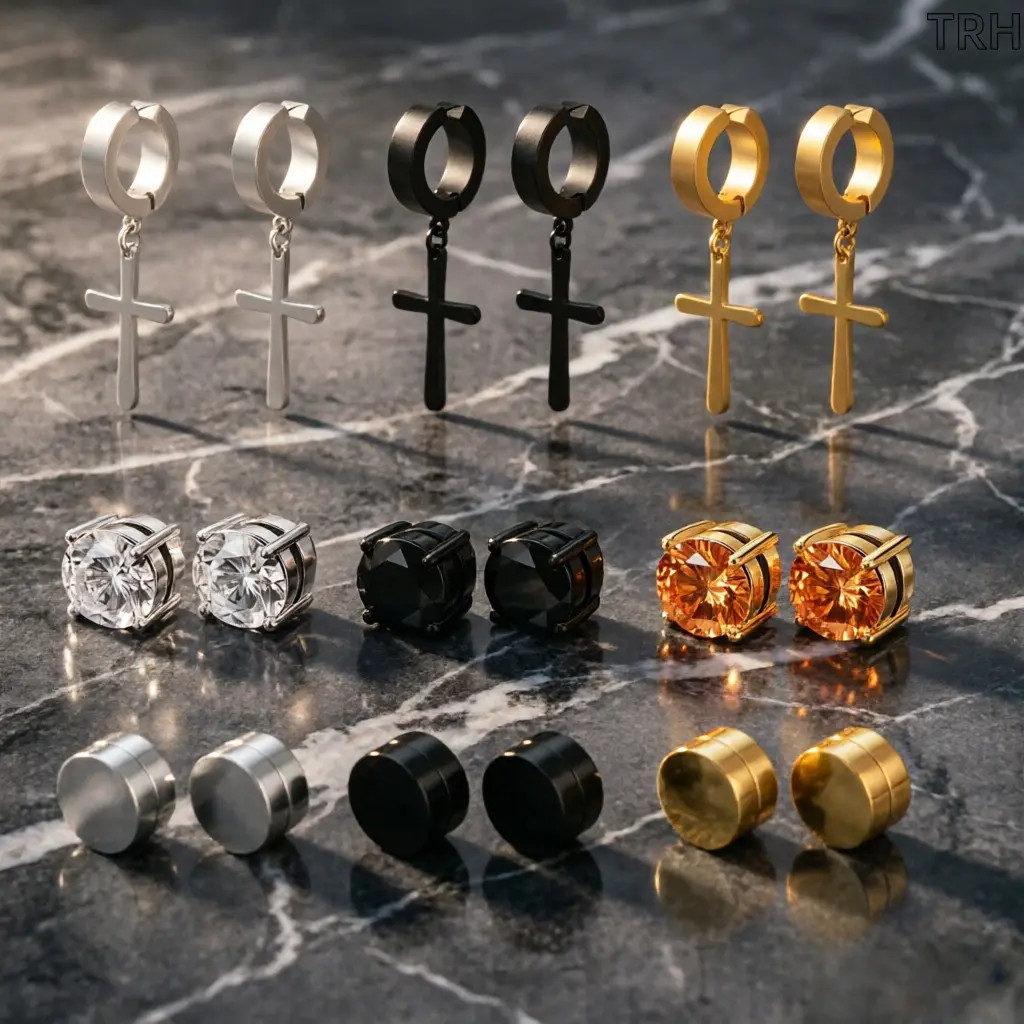 No Piercing Magnetic Stud Earring Pack, Multi-Style Cross Dangle & Round Crystal Magnet Clip On Ear Jewelry Set, Trendy Unisex Stackable Accessory, Cool Birthday Gift for Daily Punk Street Outfit