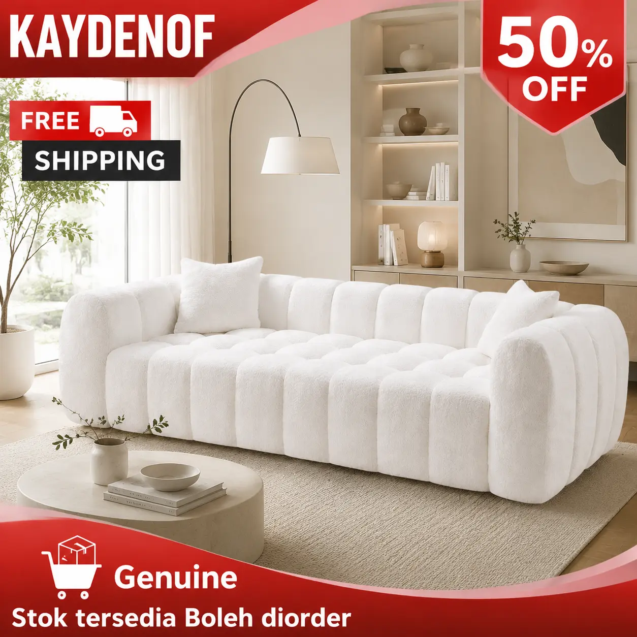 KAYDENOF 103 in Cloud Shape Boneless Upholstered Sofa - No Assembly, High-Density Foam, Soft & Supportive 4-Seater Indoor Living Room Furniture