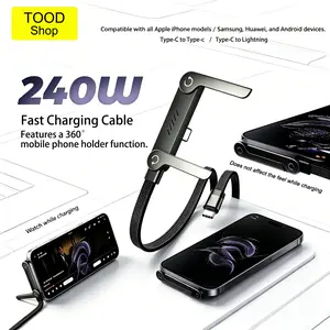 240W Super Fast Charging chargers — Built-in 360° Rotating Stand — 1.5m Data/Charging Cable + Stand (2-in-1) — Zinc Alloy + Braided Cord — Type-C / Lightning Compatible with Apple 12/13/14/15/16/17/Pro Max & Air, and Samsung Phones