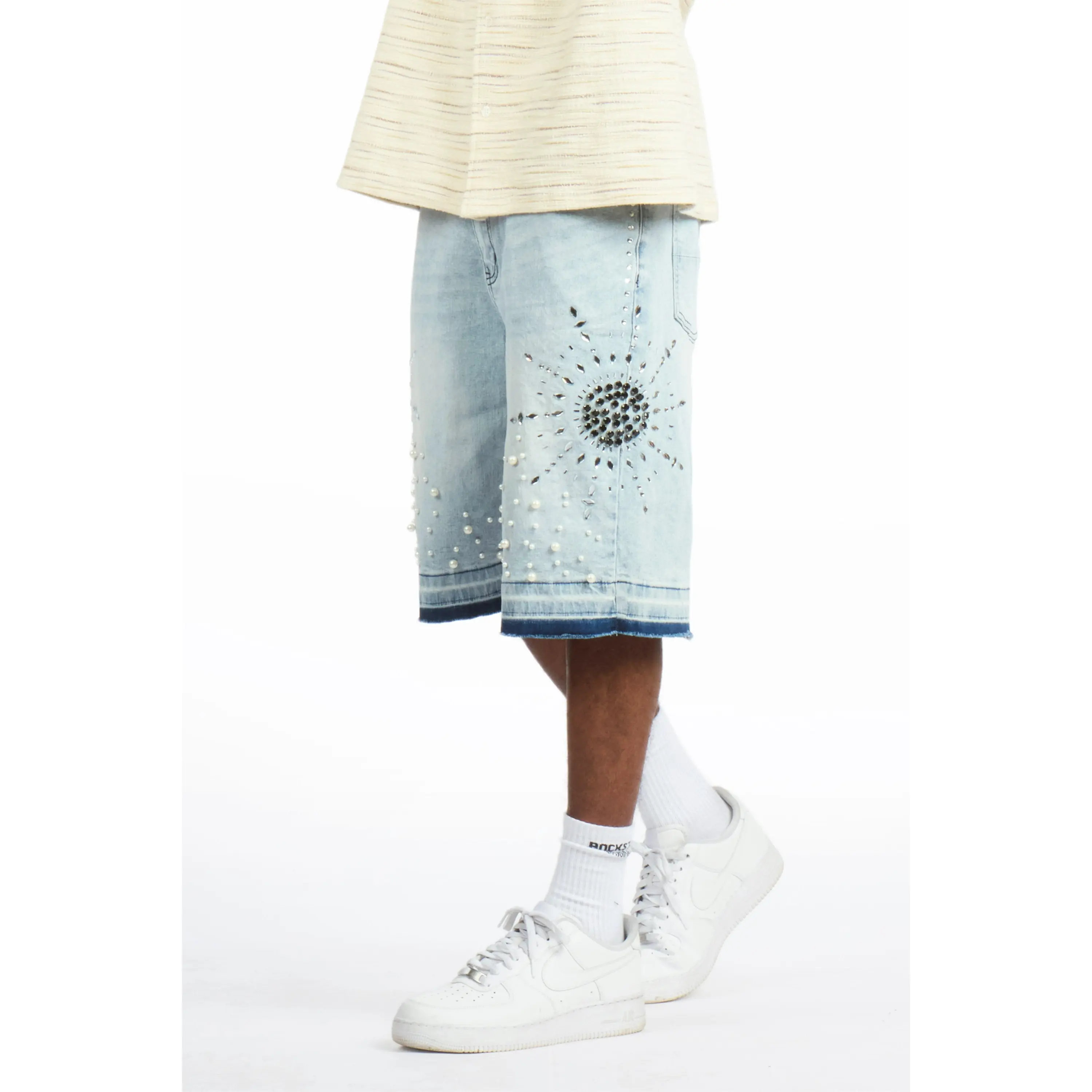 Tryst Light Blue Rhinestone Denim Short