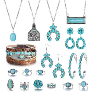 MILACOLATO Turquoise Jewelry for Women Western Turquoise Necklace Dangle Earrings Boho Bracelet and Knuckle Rings Bohemian Western Jewelry Set for Women