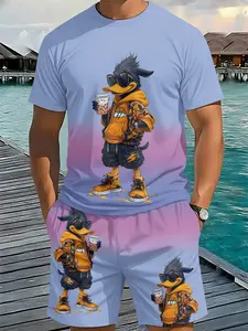 Cool Duck Trendy Drink Gradient, Men's 3D Digital Printing Graphics Two-Piece Set, 2Pcs, Menswear, Vacation Style Trendy Outfit, Breathable Fabric Sports Casual Style, a Holiday Gift for Men