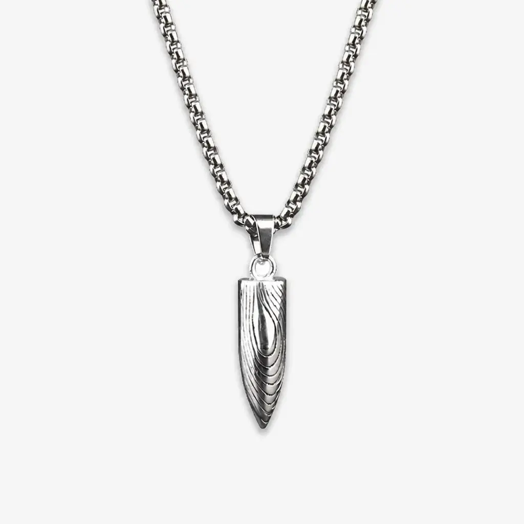 Male Heavy Duty Bullet Form Pendant Necklace, Titanium Stainless Steel Box Chain, Vintage Textured Spike Charm, Industrial Look Hip Hop Streetwear Jewelry, Everyday Wear Gift for Men