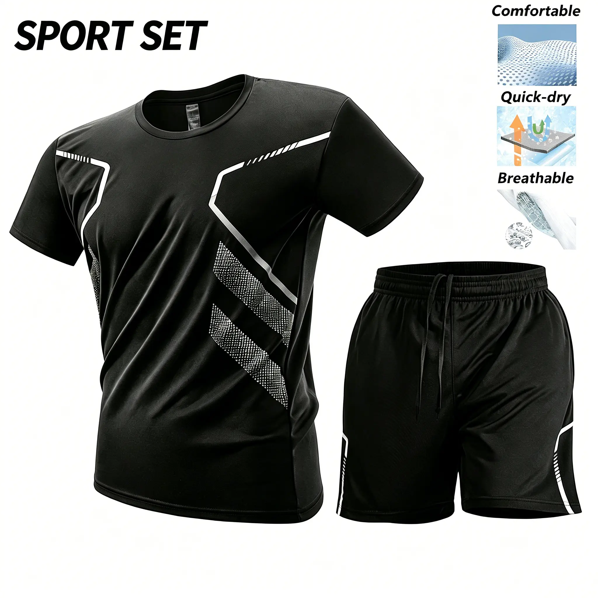 Men’s two-piece athletic set made from breathable, lightweight fabric that is comfortable. Patterned print design with elastic waistband and drawstring detailing. Men’s outdoor casual athletic set suitable for running and fitness; versatile, fashionable,