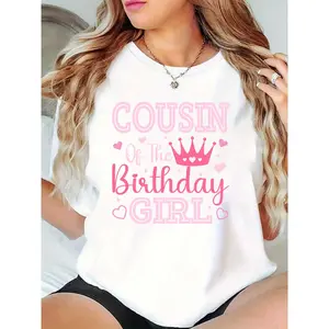 Women's 'Cousin Of The Birthday Girl' White T - Shirt with Pink Crown & Hearts - Birthday Party Casual Top for Female Cousins