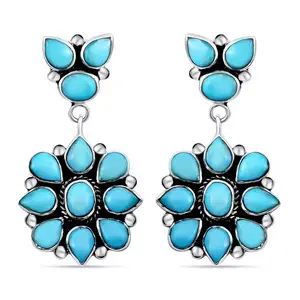 Blue Turquoise Earrings 925 Sterling Silver Western Turquoise Jewelry for Women -  Cowgirl Dangle Drop Flower Boho Earrings Birthday Christmas Gifts for Women