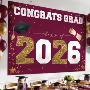 Class of 2026 Graduation Banner  - Large CONGRATS GRAD Polyester Banner, Photo Backdrop & Wall Decor for Commencement Party Supplies, Blue Gold Graduation Party Decorations for High School & College