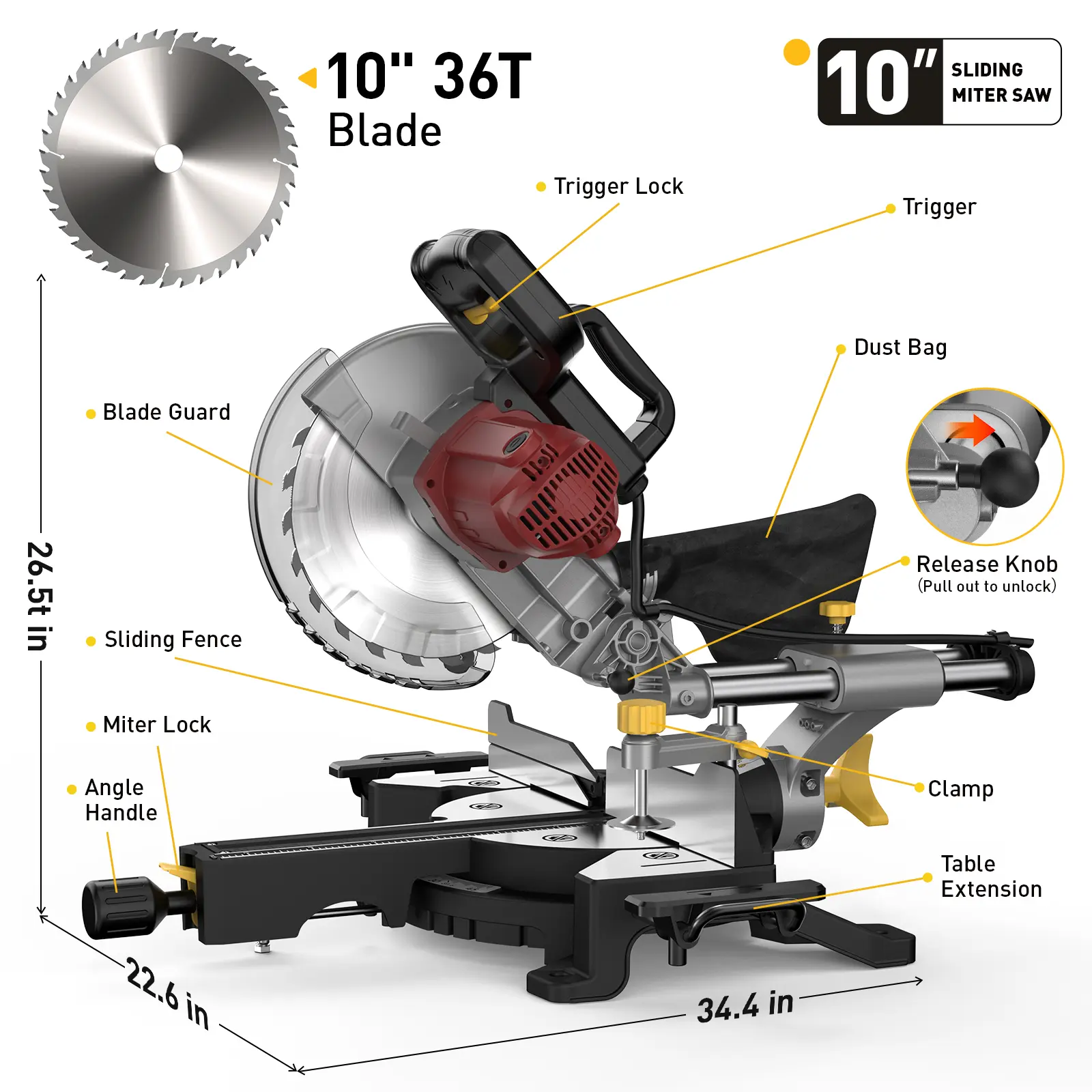 10-inch Sliding Compound Miter Cut Saw, 15 A, 5000RPM, Single Bevel 0-45°, Extension Table, 36T Blade, Electric Power Saw for Wood, Metal Cutting (Tools & Hardware) Cut Saw Steel Cutting Machine